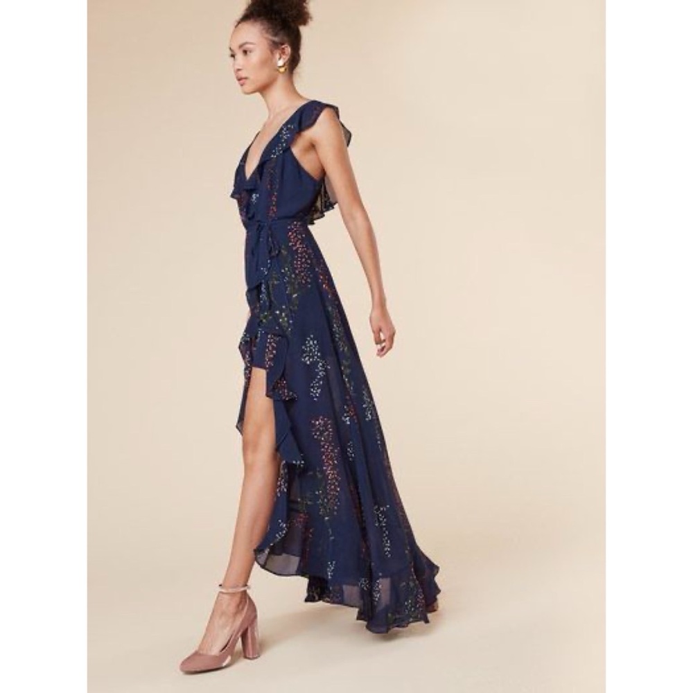 Reformation Peppermint Maxi Dress Navy Blue Floral Ruffle